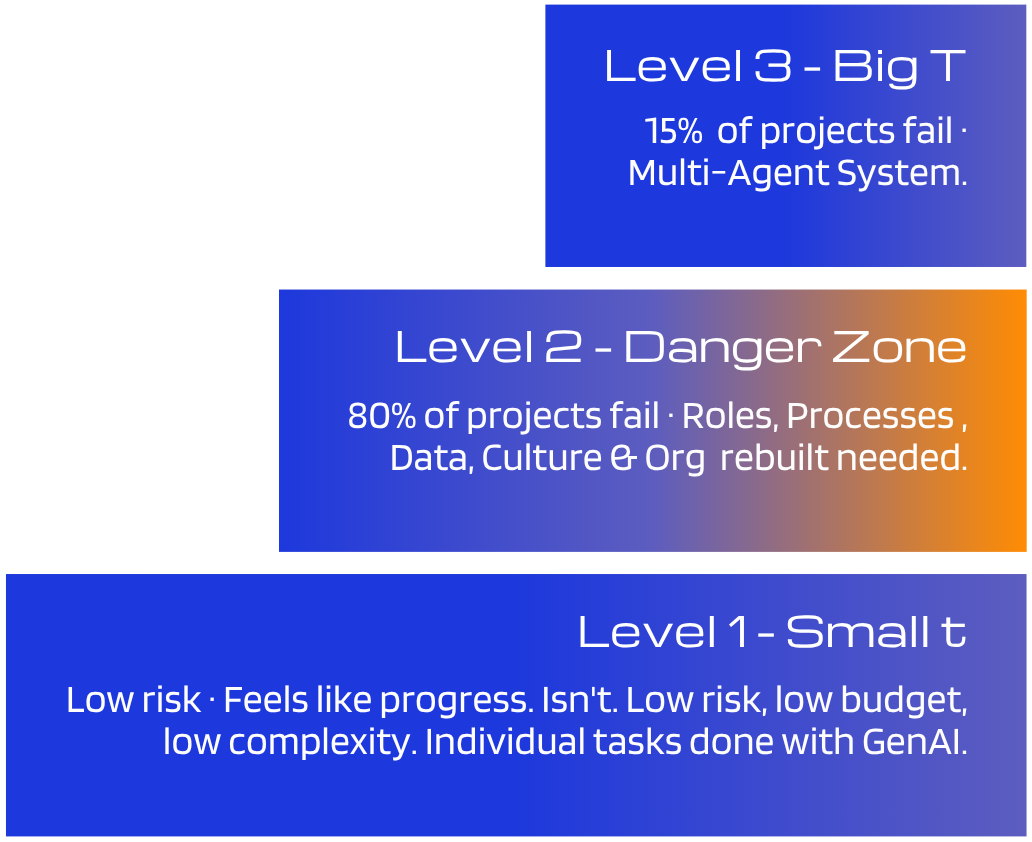 A diagram with three colored sections representing project risk levels. The bottom section, labeled 'Level 1 - Small t,' is blue and describes low risk projects. The middle section, labeled 'Level 2 - Danger Zone,' is blue and orange, indicating high failure rates and need for organizational rebuilding. The top section, labeled 'Level 3 - Big T,' is blue and describes a very high failure rate.