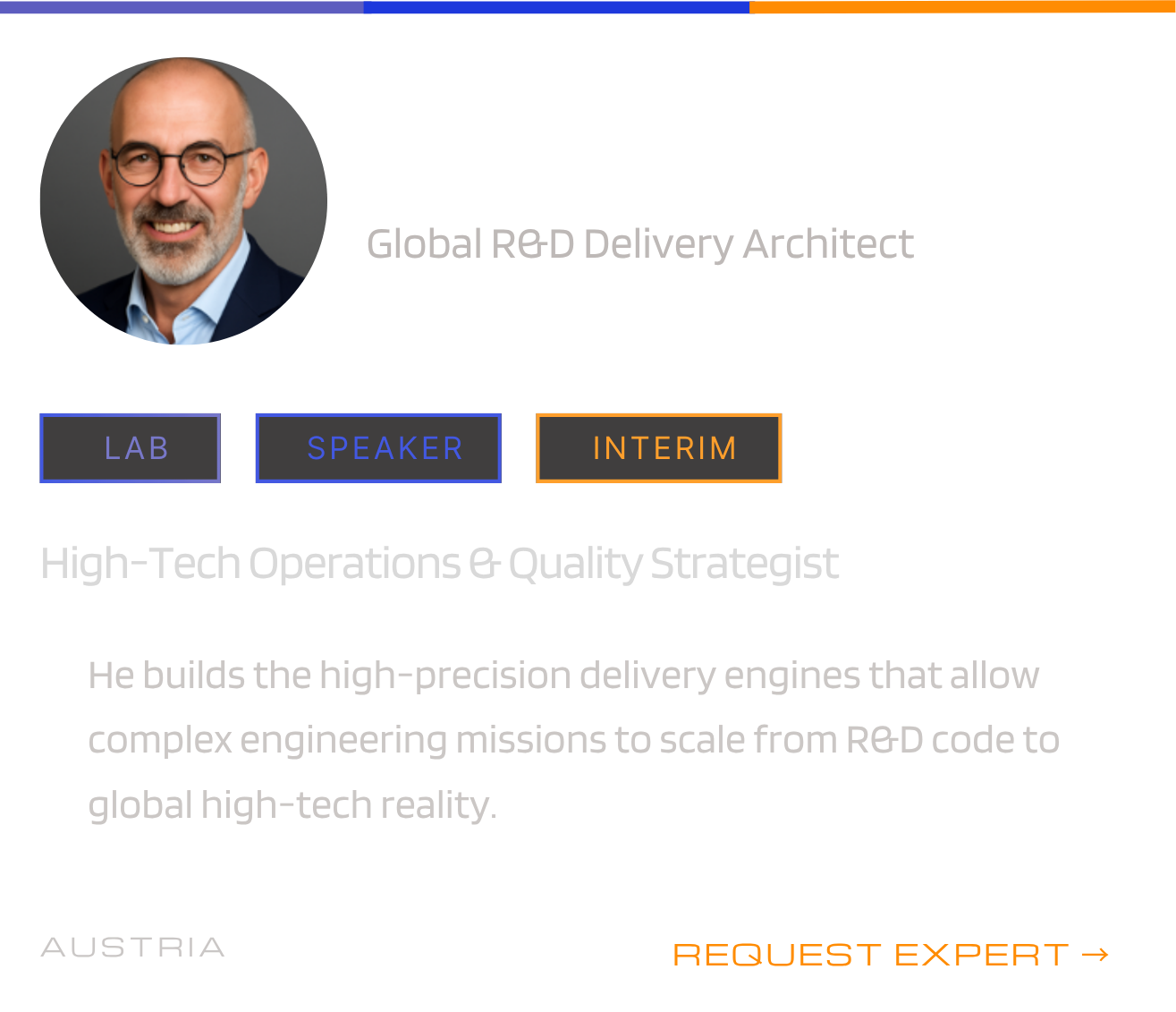 A professional  with a gray beard, wearing glasses, a dark blue jacket, light blue shirt, is featured in a circular photo. The background contains text and buttons labeled 'LAB,' 'SPEAKER,' and 'INTERIM,' with 'SPEAKER' highlighted in blue, indicating a presentation or speaker profile interface.