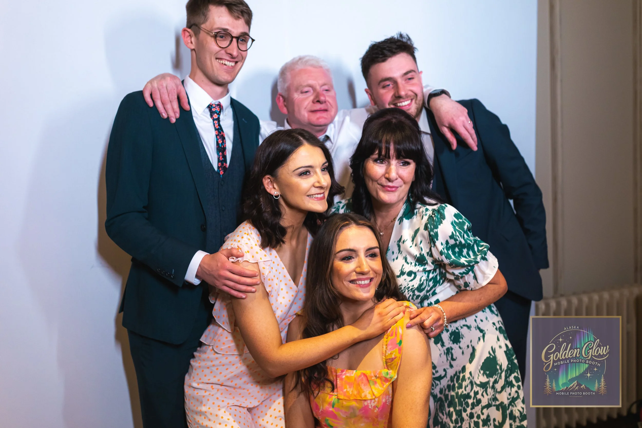 group photo, photo booth, golden glow booth, wedding photo, wedding party, digital photo booth, photo booth event, bride and groom, in laws, photo booth