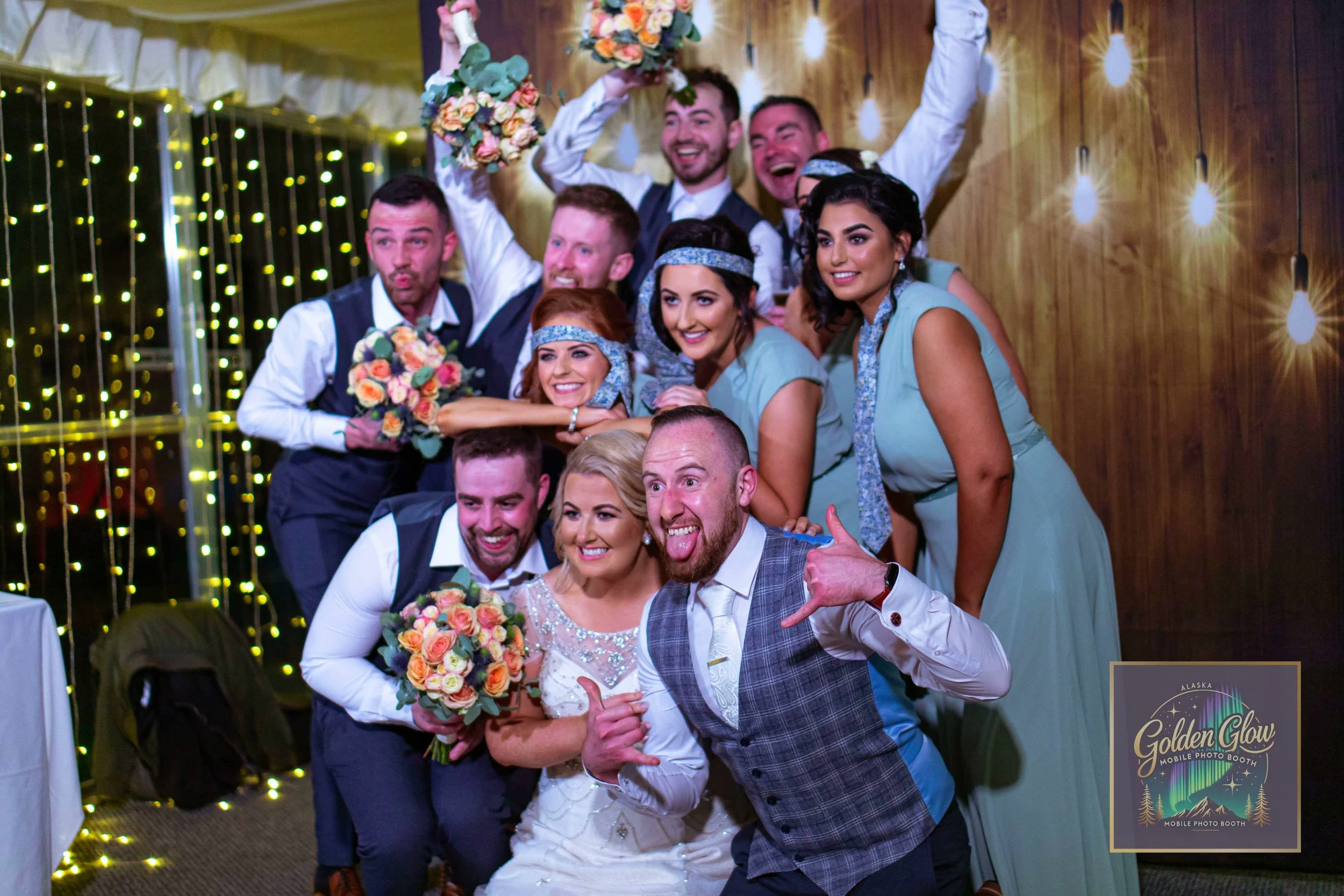 group photo, golden glow booth, photo booth event, wedding photobooth, event photo booth, having fun, group photo booth, special event photo booth