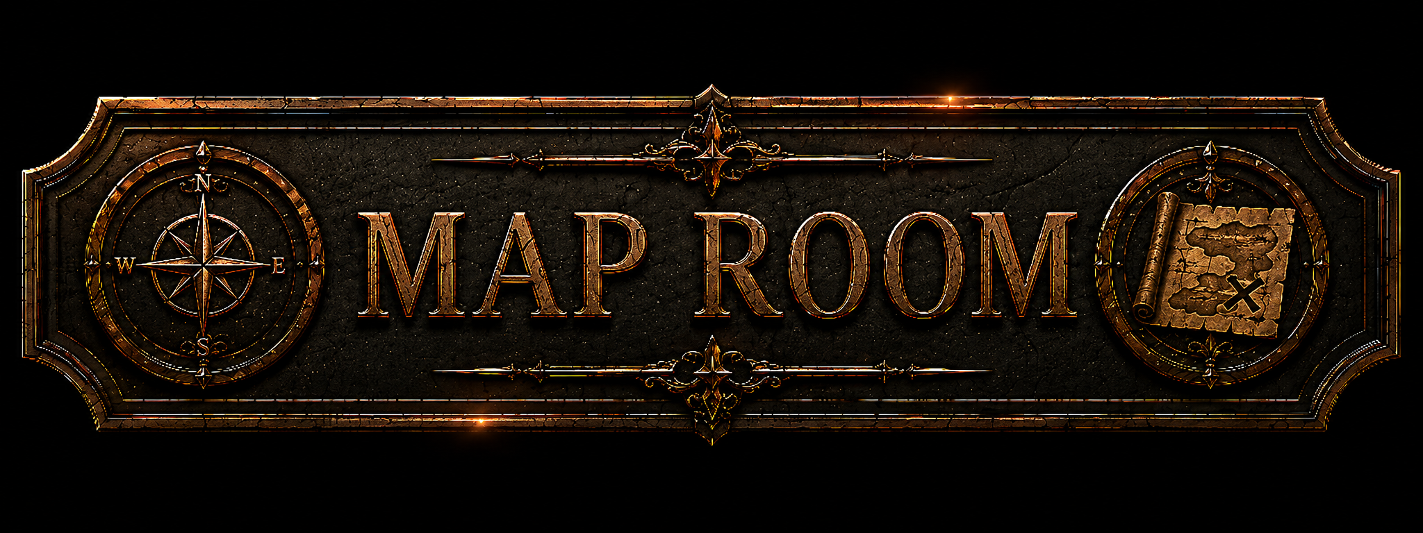 A dark decorative sign with the words 'Map Room' in inlaid metallic letters, flanked by a compass rose on the left and an old map on the right, with a vintage style.