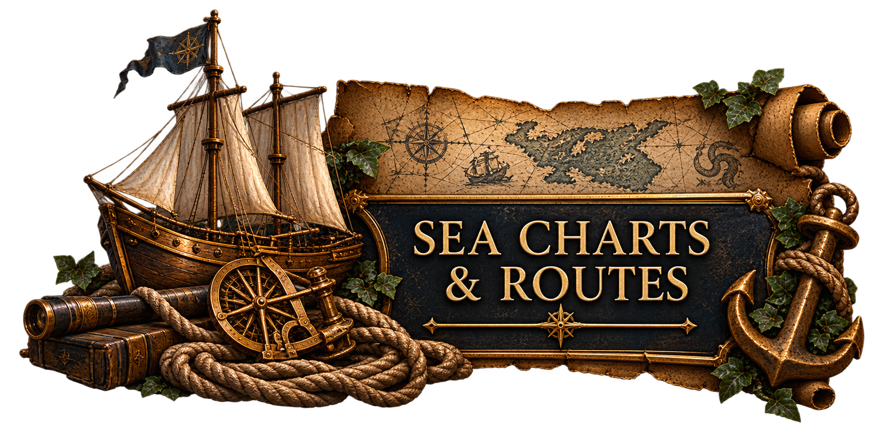 Vintage nautical-themed design with an old ship, telescope, anchor, rope, and an ancient map, featuring the text 'Sea Charts & Routes'.