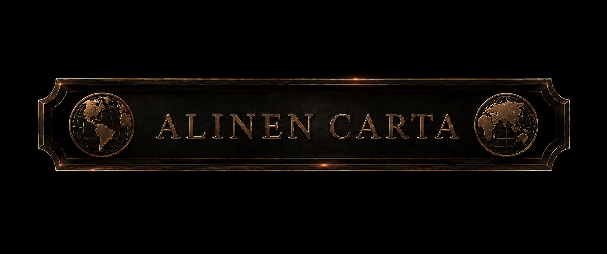 A dark metallic sign with gold accents reads 'ALINEN CARTA' and features a globe icon on each side, set against a black background.