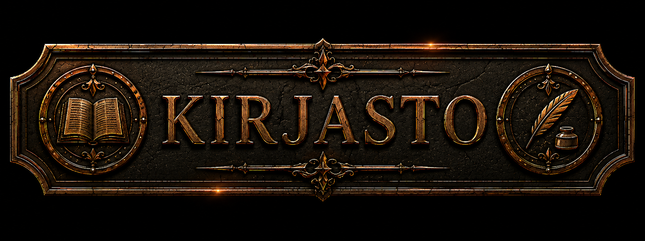 Decorative sign with the word "KRJASTO" in large metallic letters, flanked by icons of an open book on the left and a quill pen with inkwell on the right, set against a dark, textured background.