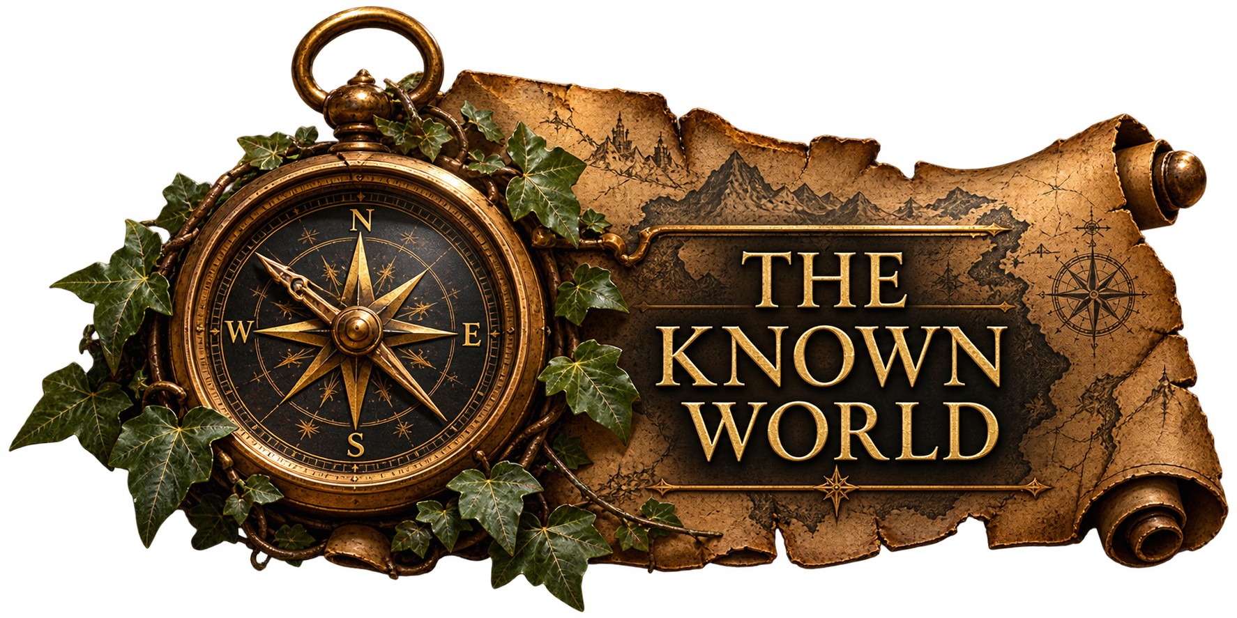 An antique gold-colored pocket watch surrounded by green ivy leaves, placed on an old, torn parchment map with mountain illustrations and a compass rose, featuring the text 'The Known World' in gold lettering.