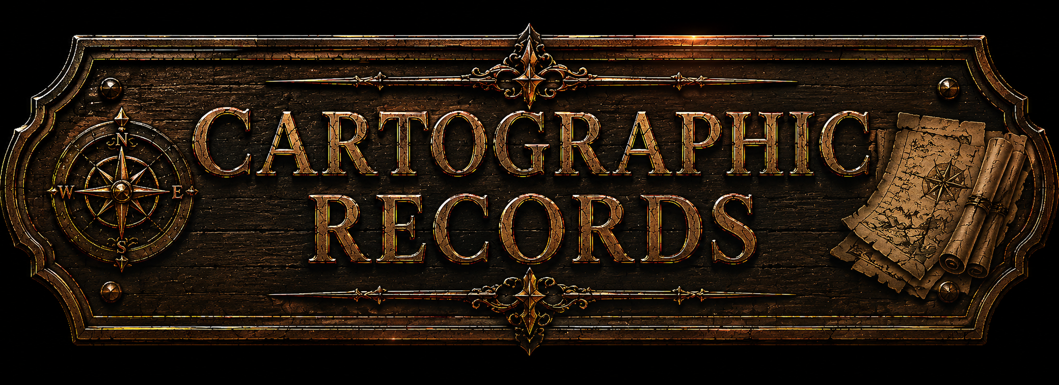 Vintage-style sign for 'Cartographic Records' with a compass on the left and rolled-up maps on the right, set against a dark wooden background.