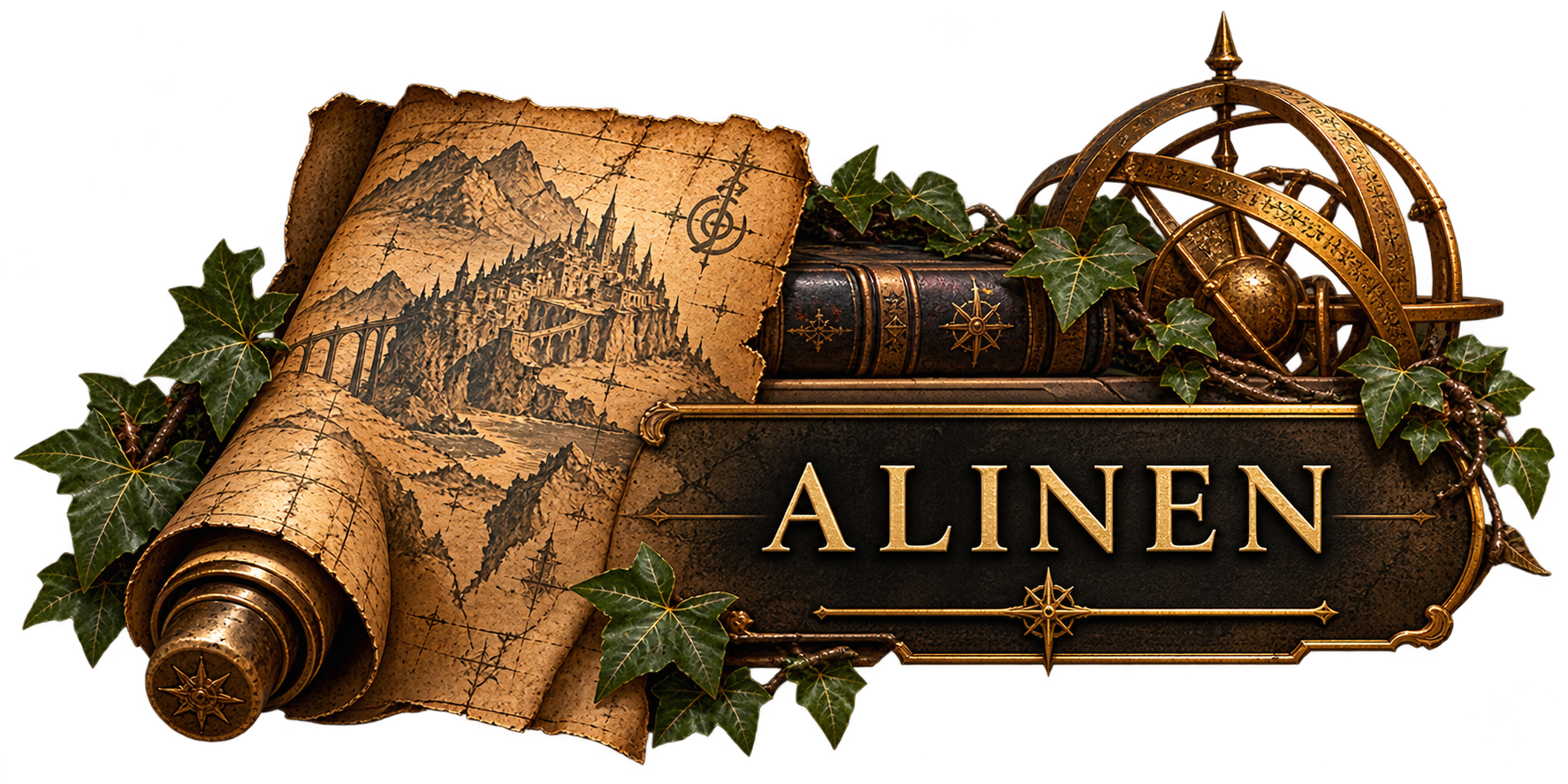 Decorative design featuring ancient scroll, map, globe, compass, books, and ivy with the word 'ALLINEN' in bold gold letters.