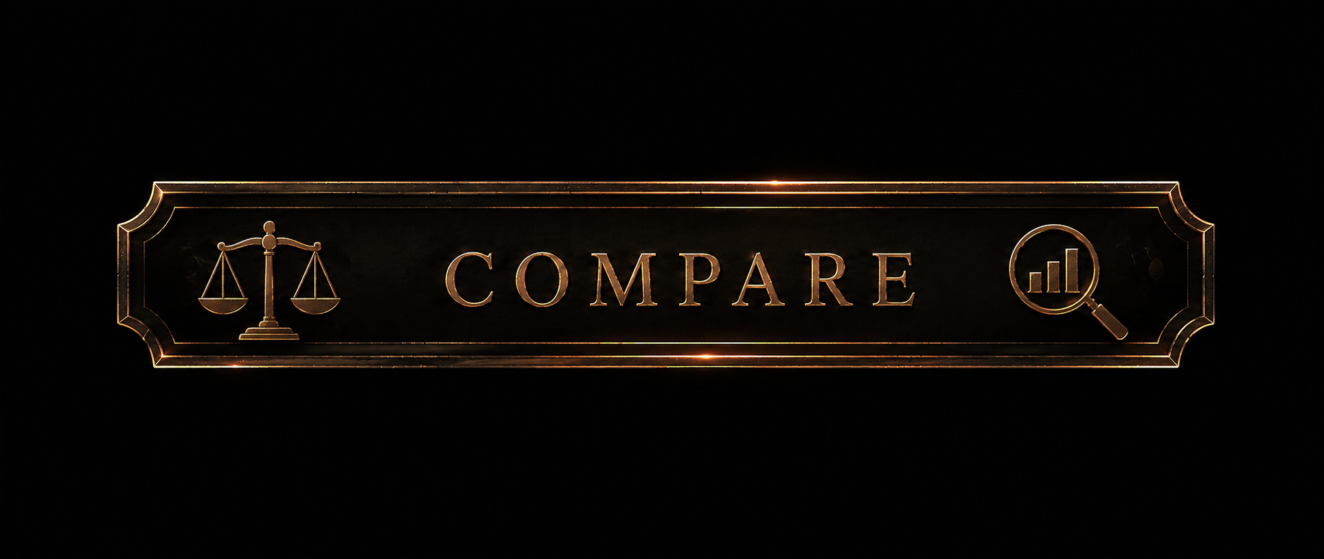 A black rectangular button with gold edges and text that says 'COMPARE.' It has an icon of scales on the left and a magnifying glass with bar chart inside on the right.