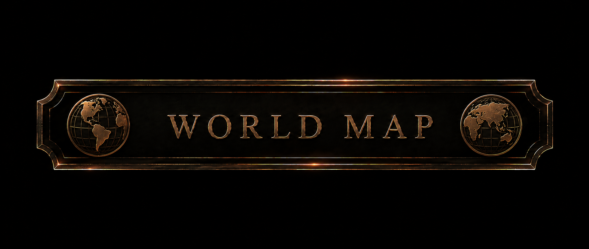 A black and bronze digital graphic with globe icons on each side and the text 'World Map' in the center.