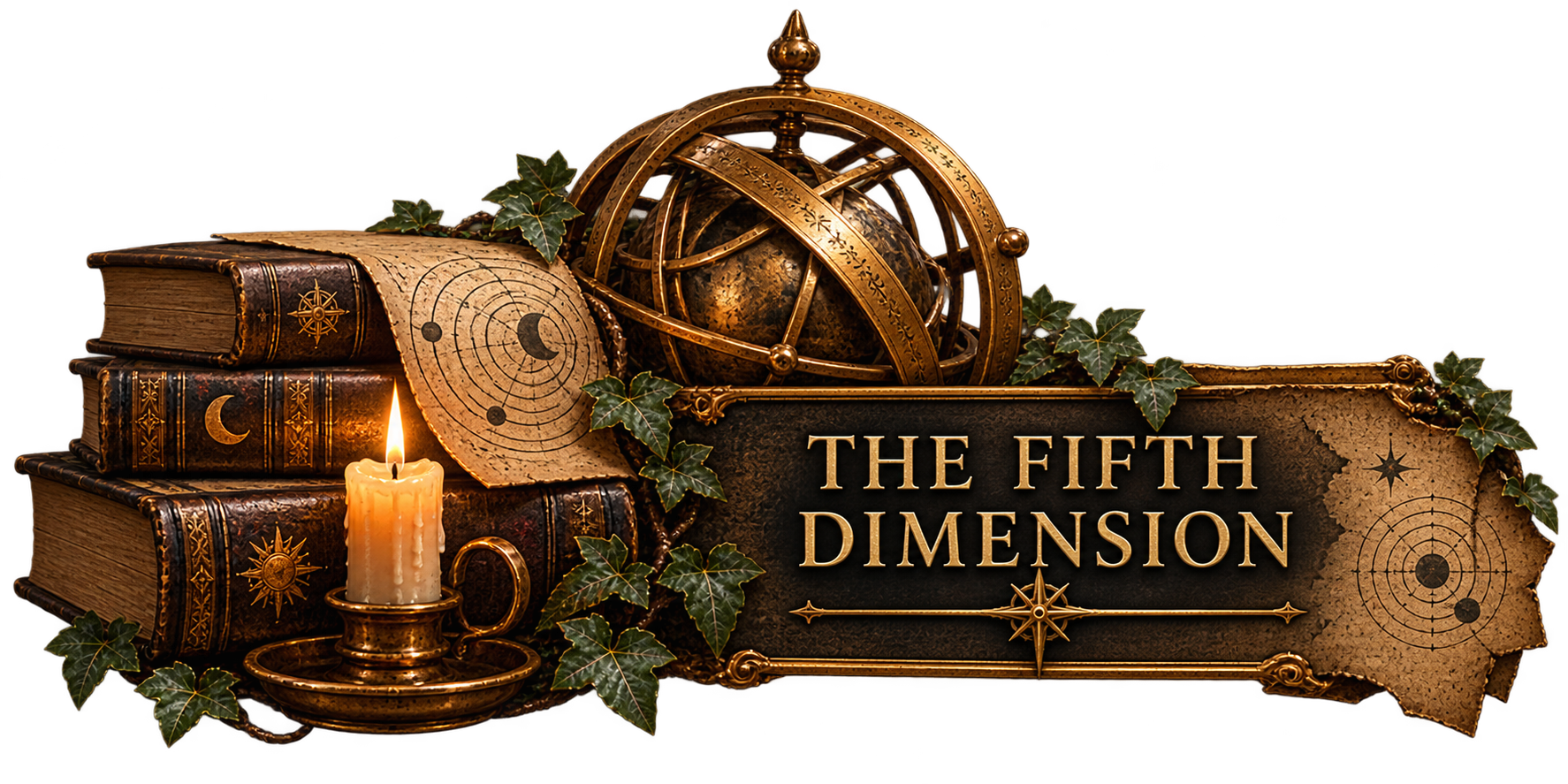 Decorative book cover with antique scientific instruments, candles, and ivy, titled 'The Fifth Dimension'.