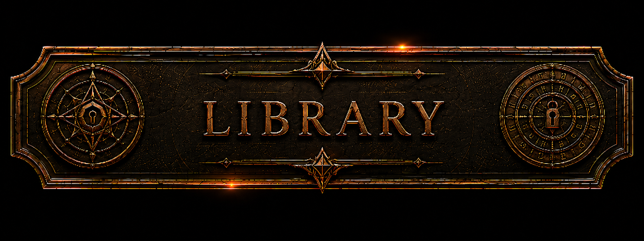 Decorative digital sign with the word 'LIBRARY' in the center, featuring glowing metallic accents, geometric patterns, and keyhole symbols on a dark background.