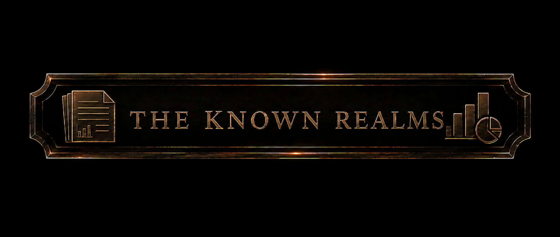 A dark, ornate banner with the text 'The Known Realms' in metallic gold lettering, flanked by icons of a document and bar chart with a pie chart, all on a black background.
