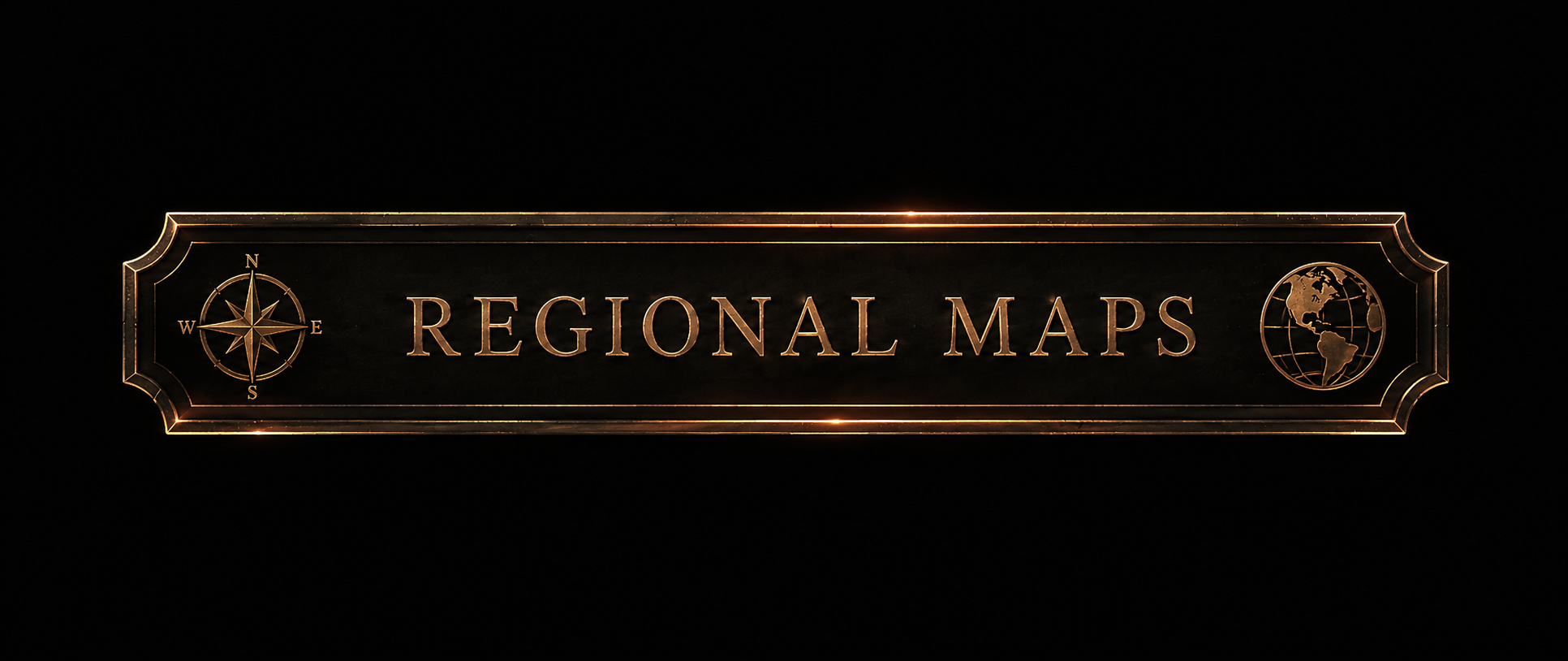 Decorative sign reading 'Regional Maps' in a gold and black color scheme with a compass on the left and a globe on the right.