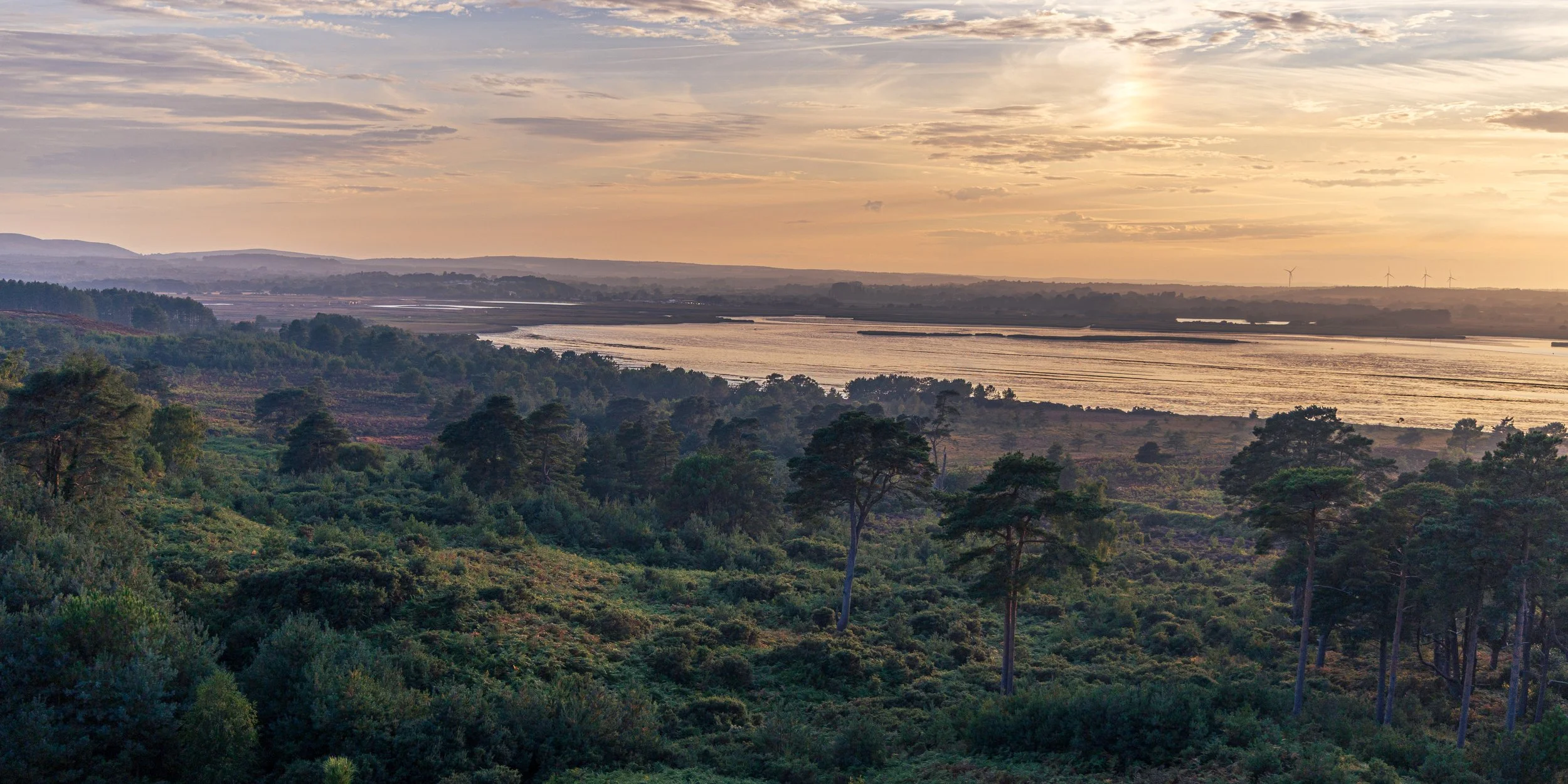 Sunset view looking from above the Wareham Channel looking across heathland at Arne and towards Wareham and Arne Moors