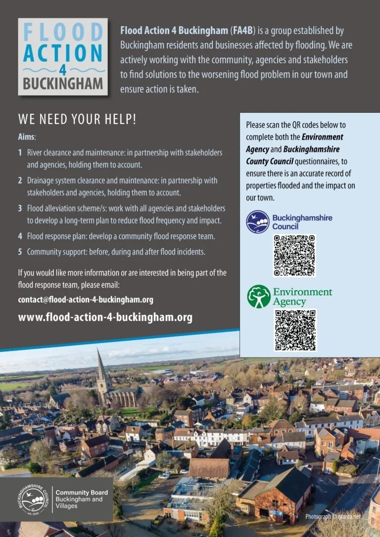 Information poster for Flood Action 4 Buckingham, showing an aerial shot over the town centre when it was flooded in 2024, QR codes to complete questionnaires, and the aims of the group.