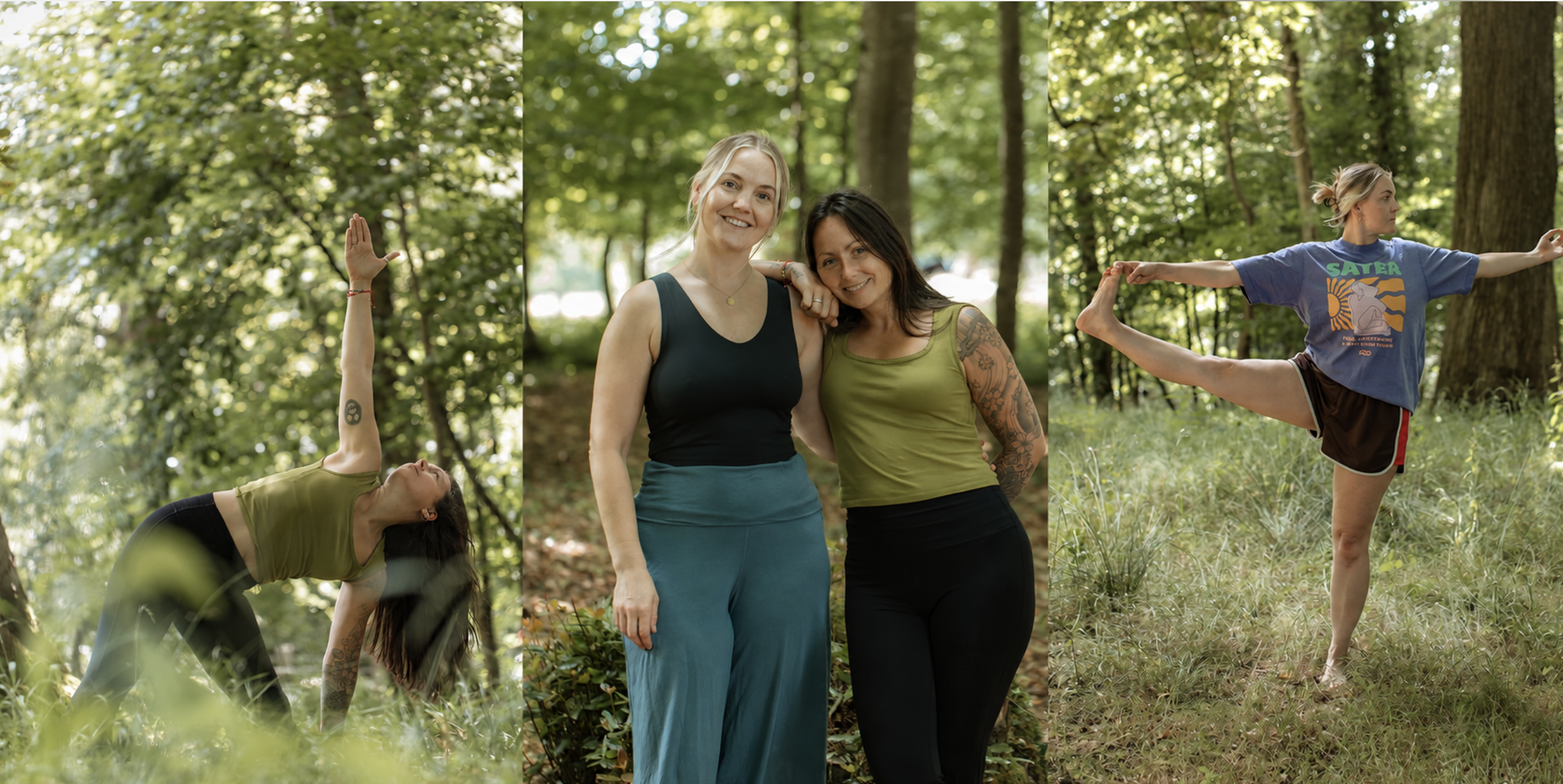 Two women standing together in a forest, smiling, while practicing yoga, with two women doing yoga poses in the background.