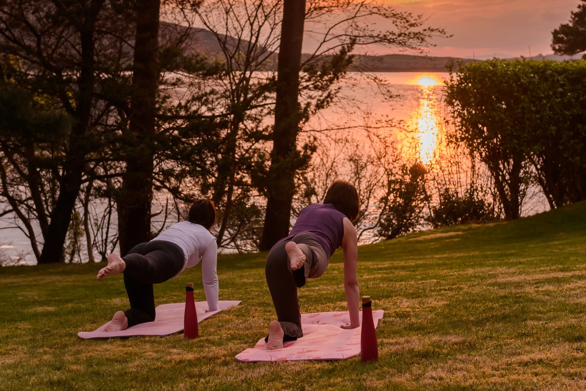 Two people practicing yoga outdoors on a pink mat during sunset, with trees and water in the background.