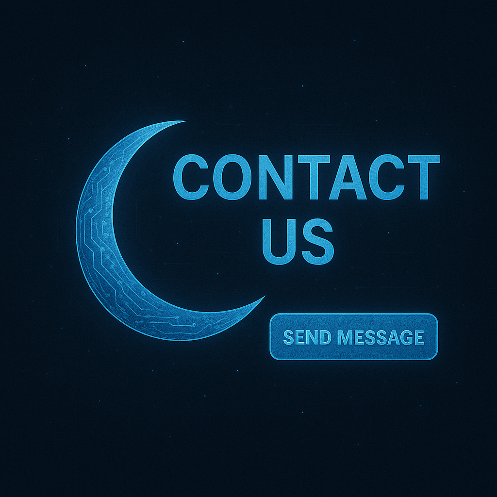 Digital graphic with a glowing blue crescent moon and the words 'Contact Us' and a 'Send Message' button on a dark starry background.