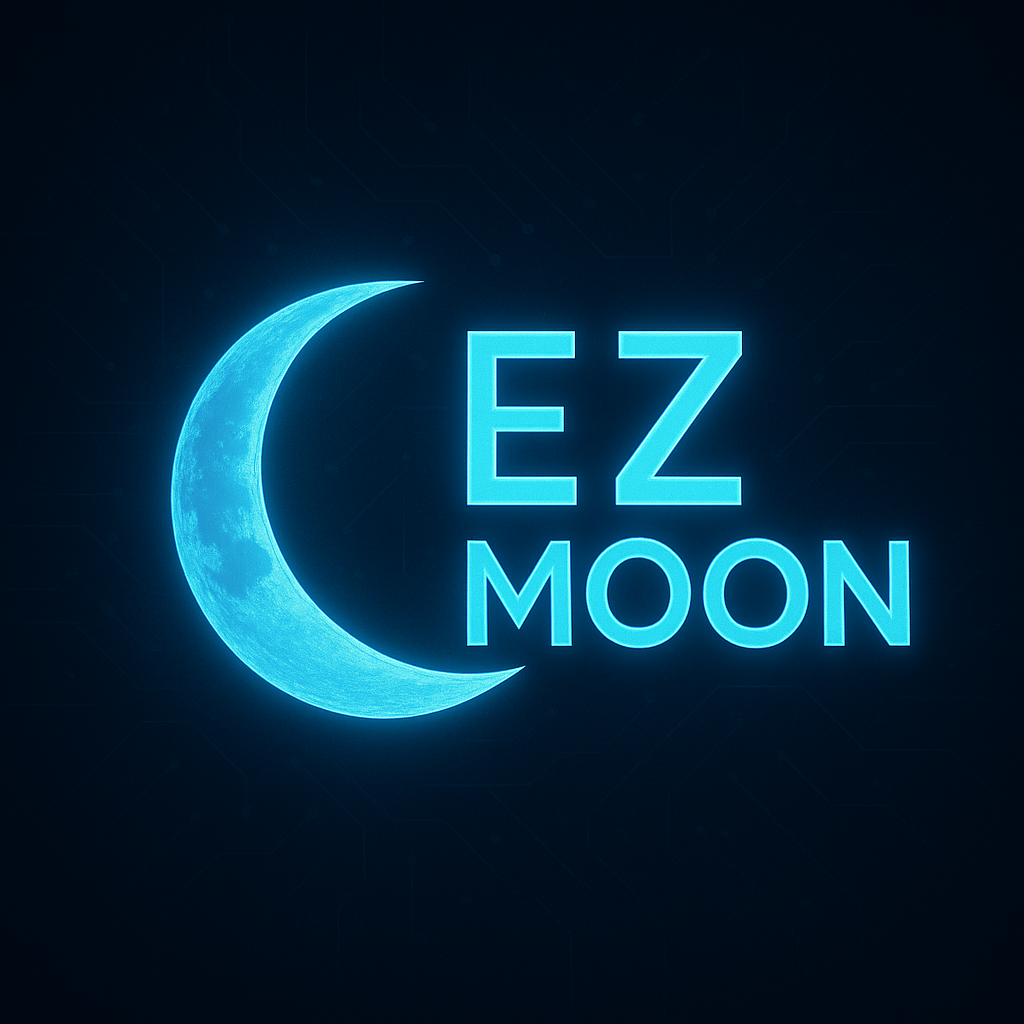 Blue glowing crescent moon with the text 'EZ MOON' beside it on a dark background.