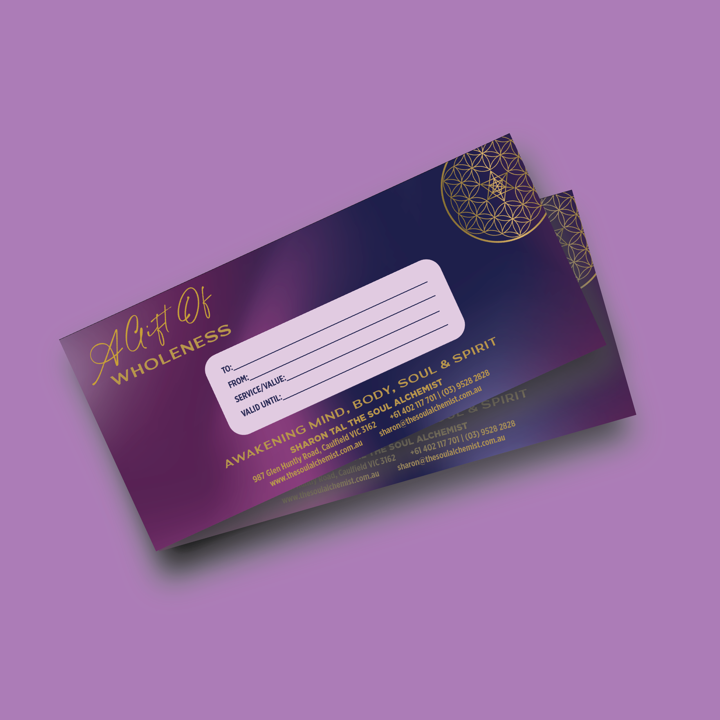 A gift certificate for 'Awakening Mind, Body, Spirit & Soul' from The Soul Alchemist, featuring purple and gold design elements and a white space to fill in recipient and sender details.