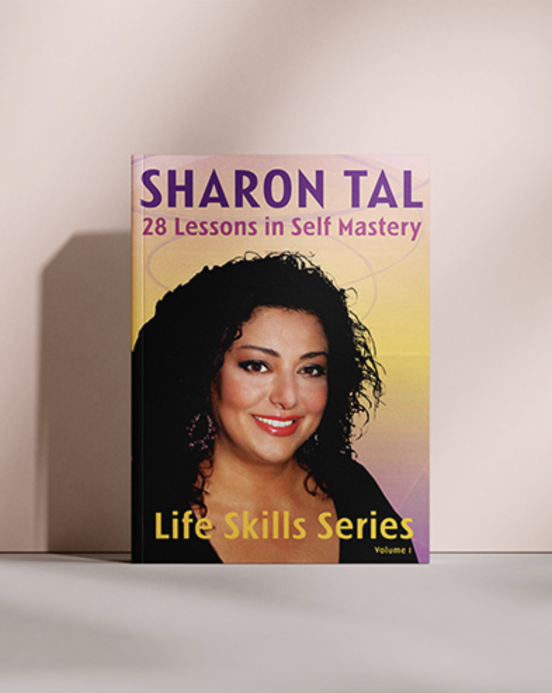 A book titled "28 Lessons in Self Mastery" by Sharon Tal, part of the Life Skills Series, with a smiling woman on the cover.