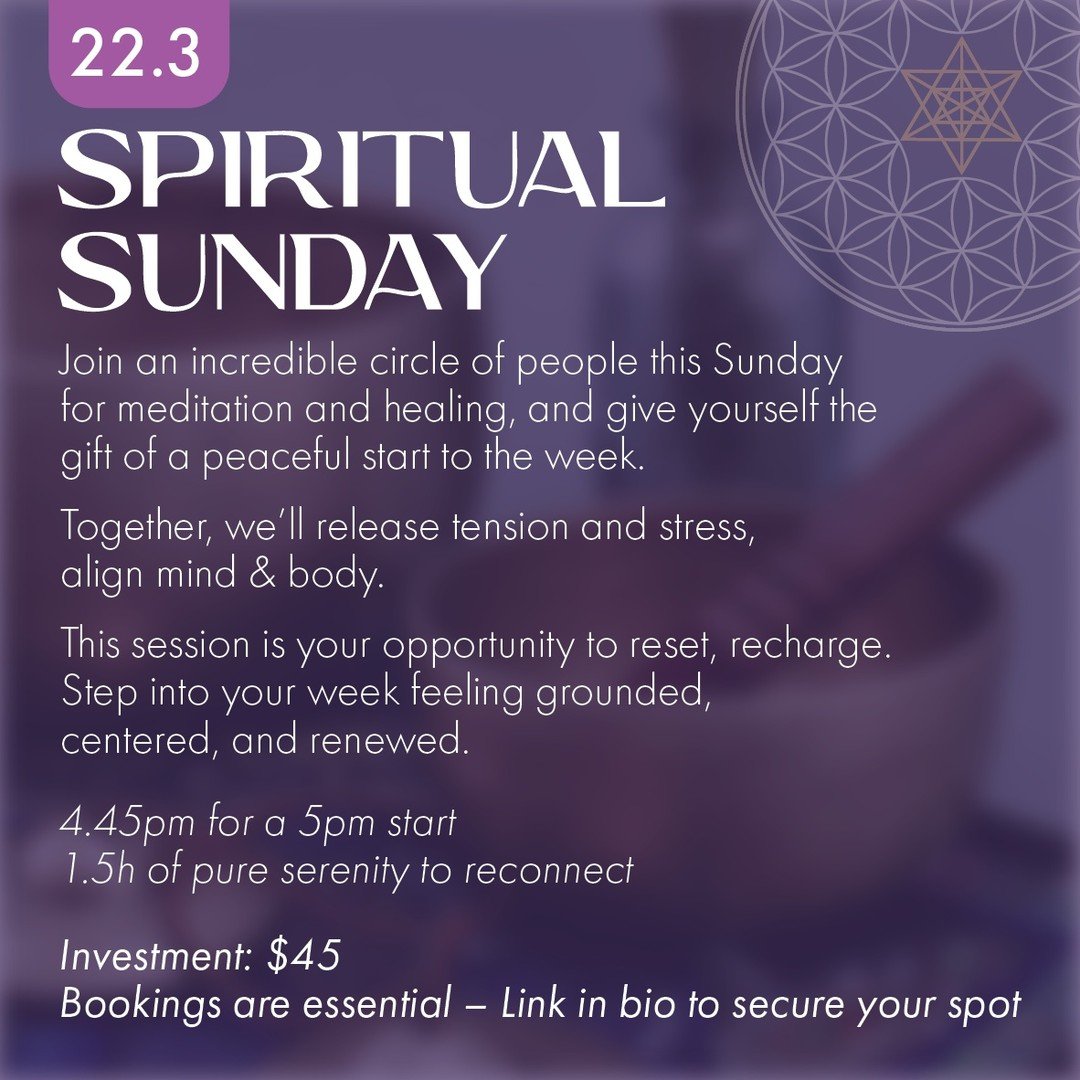 ✨ Spiritual Sunday: Reset, Recharge &amp; Reconnect ✨

Join us on March 22nd for 1.5 hours of pure bliss and inner reset. Arrive at 4:45 PM for a 5 PM start and step into a space designed to calm your mind, realign your energy, and nurture your soul.
