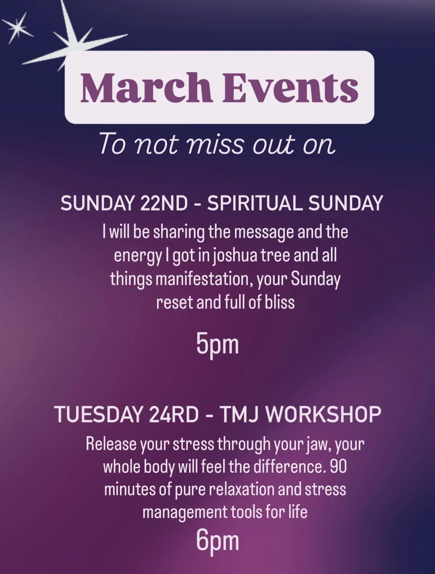 What&rsquo;s happening in March?! Three months into the year and we sure can feel it! Don&rsquo;t miss out on these events to help you regulate your nervous system and create and manifest your abundance 

The events are taking place at the new clinic