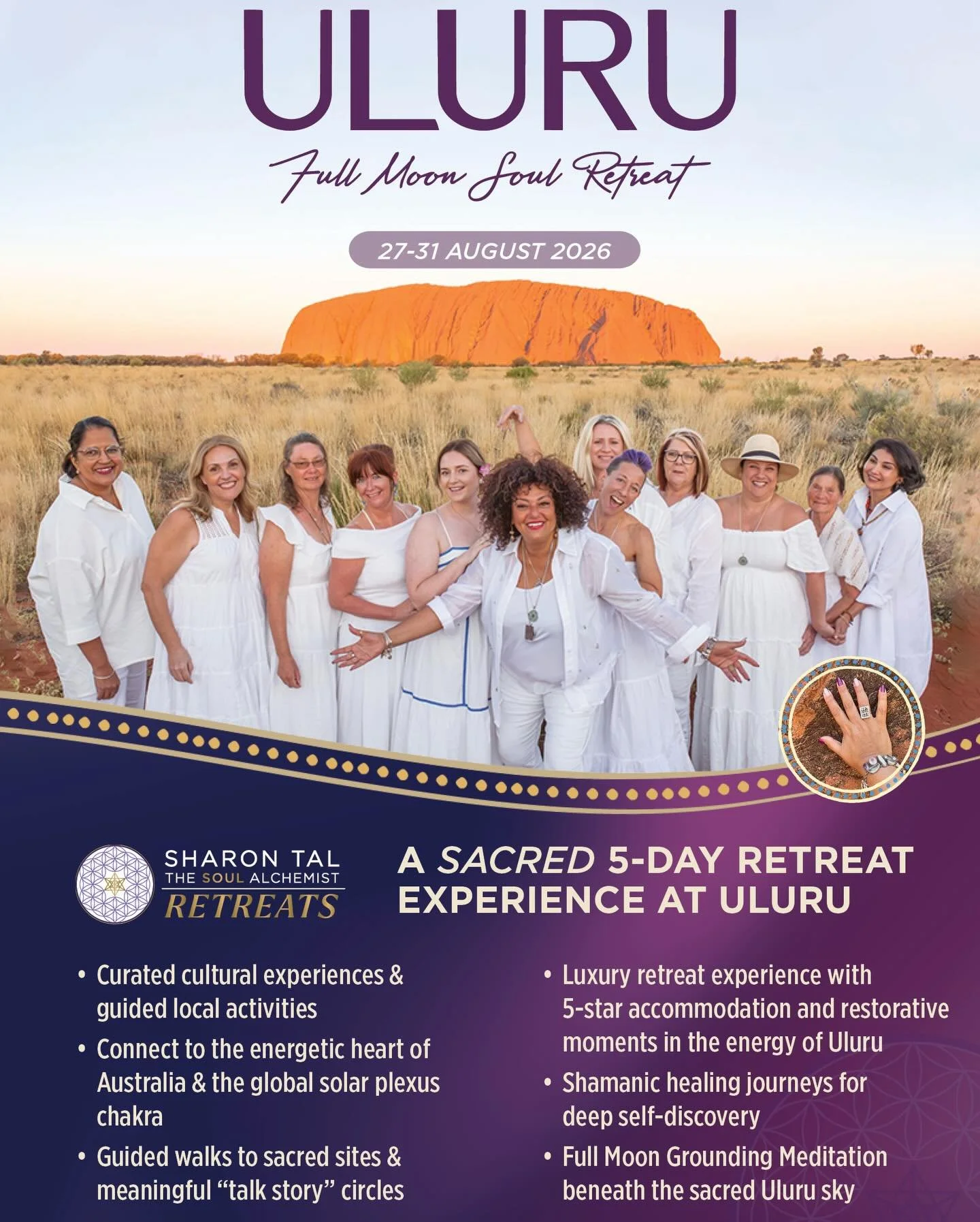 ✨ Sacred Luxury Retreat at Uluru | 27&ndash;31 August 2026 ✨

A sacred invitation to step away from the noise and reconnect with yourself in the powerful energy of Uluru.

This 5-day immersive retreat is designed for women seeking deep restoration, s