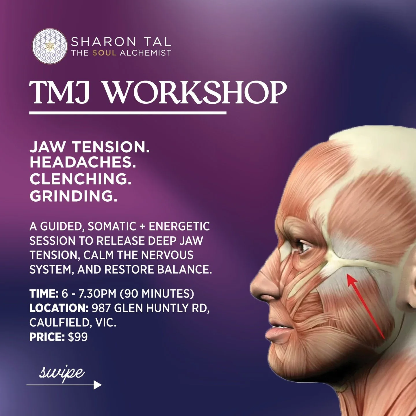 ⚡ TMJ Release Workshops 2026 ⚡

Holding tension in your jaw, face, neck, or body? These 90-minute TMJ Release Workshops are designed to ease stored stress, regulate the nervous system, and help you feel lighter, calmer, and more aligned.

🕕 6:00pm &