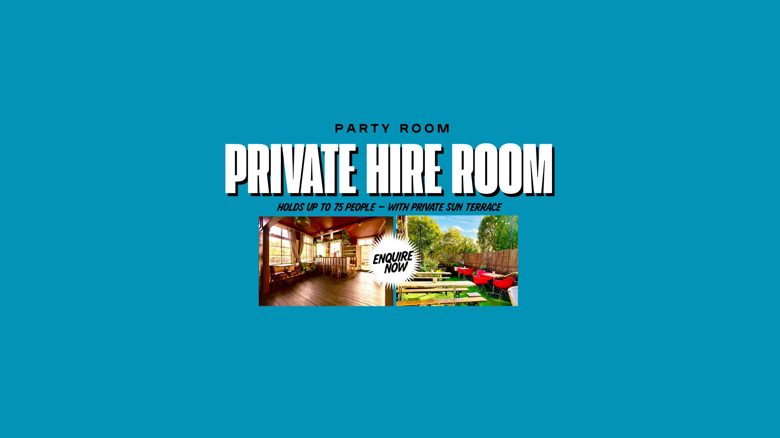 Advertisement for a private party room that holds up to 75 people, featuring indoor and outdoor spaces with dining and lounge areas, and an option to inquire now.