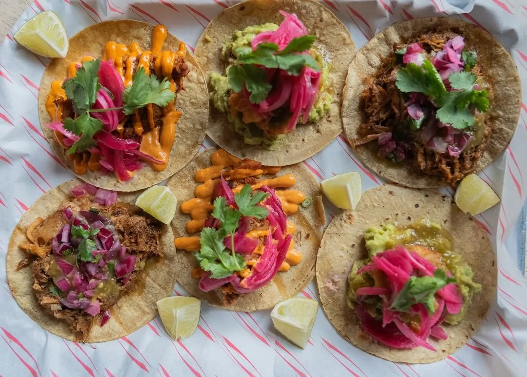 Close-up of several beef tacos filled with shredded beef, chopped onions, cilantro, and topped with scallions, with a side of chopped cilantro.