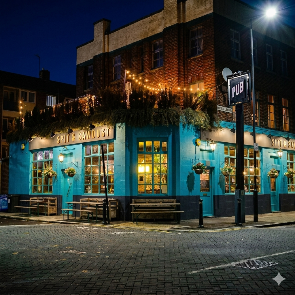 A pub with blue exterior walls, hanging flower baskets, and string lights decorating the outdoor seating area at night.