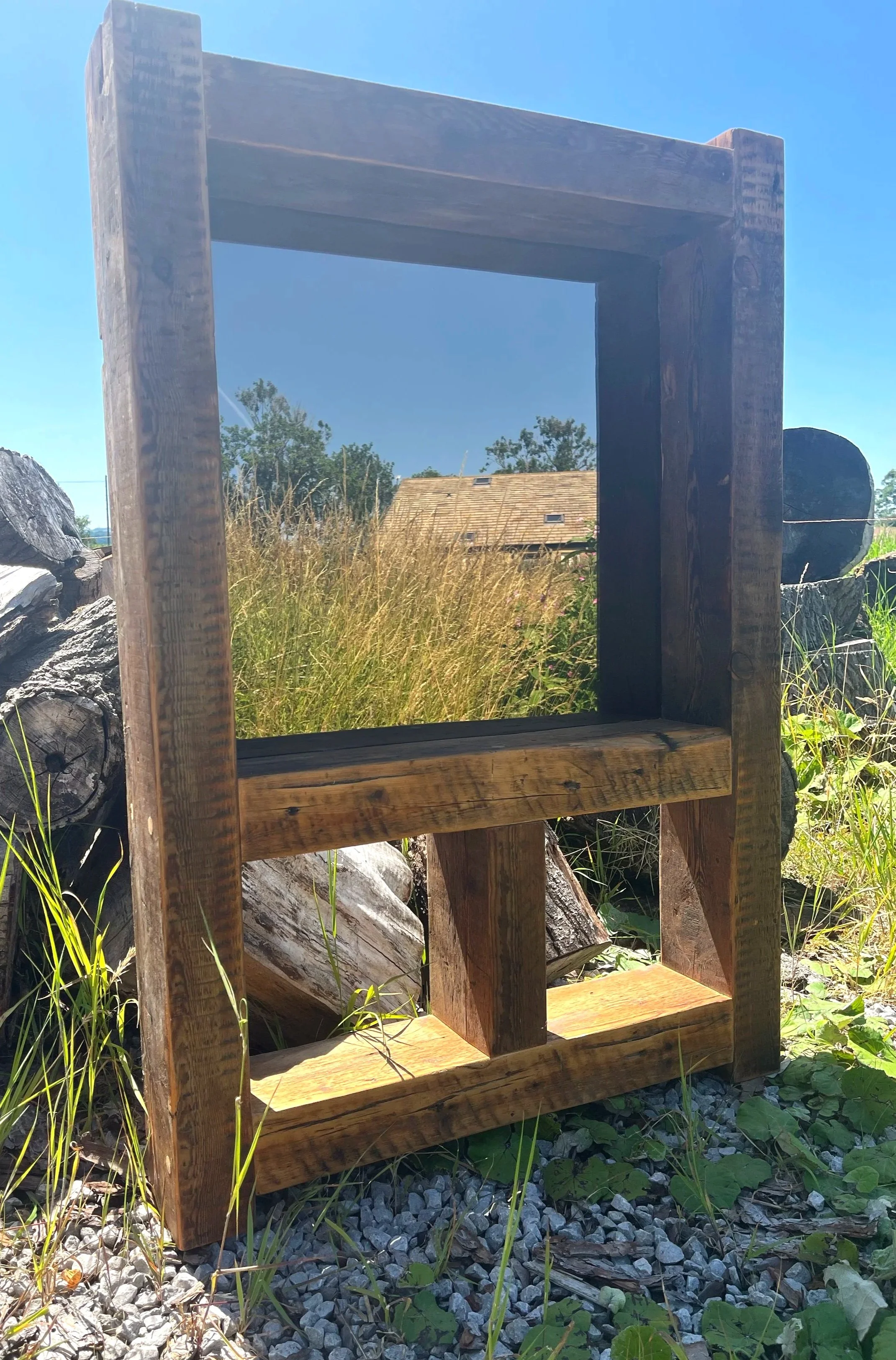 Reclaimed Pitch pine Mirror with shelves