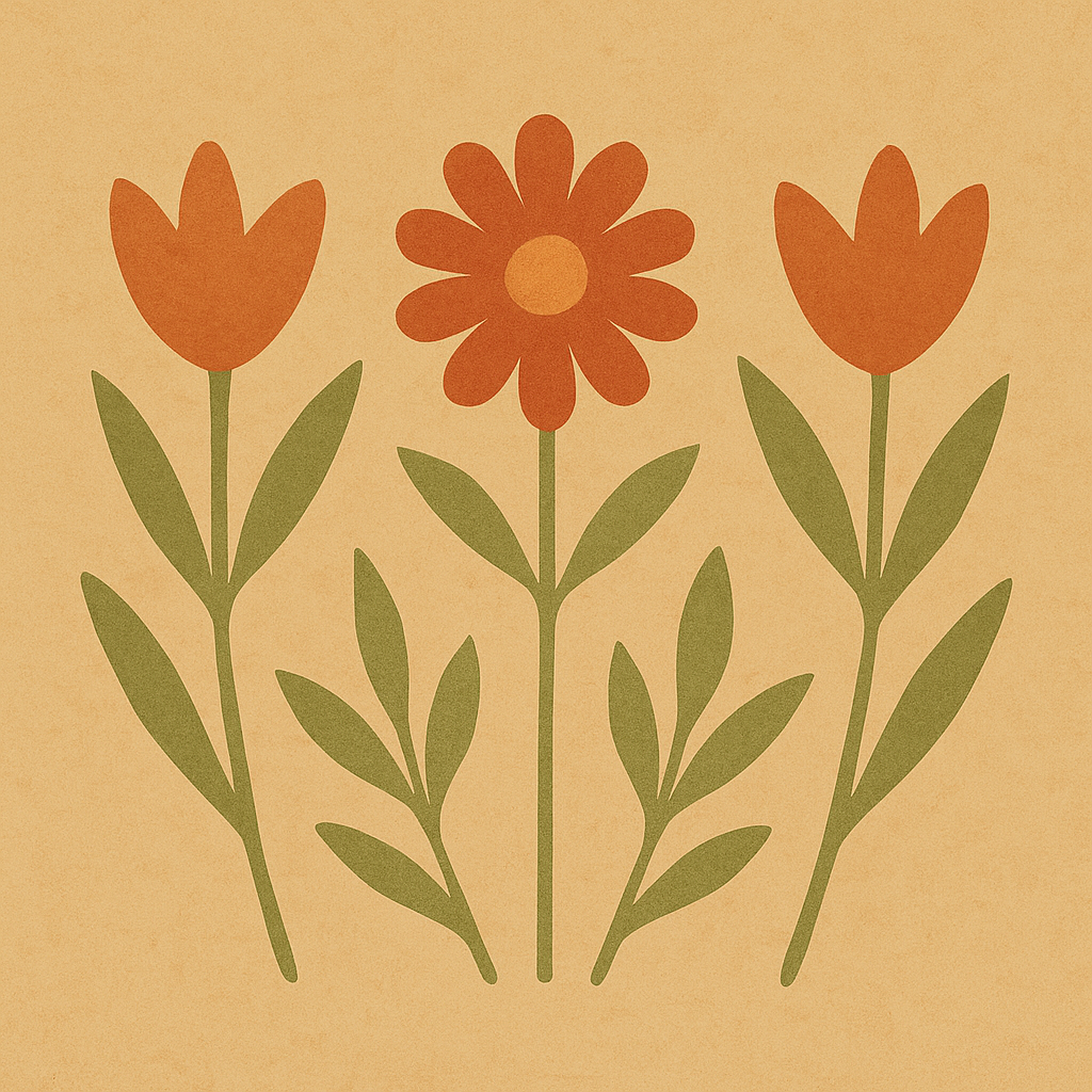 Three stylized flowers with orange petals and green leaves against a beige background. Coziness, community, care, village, support, circle, family, friends.
