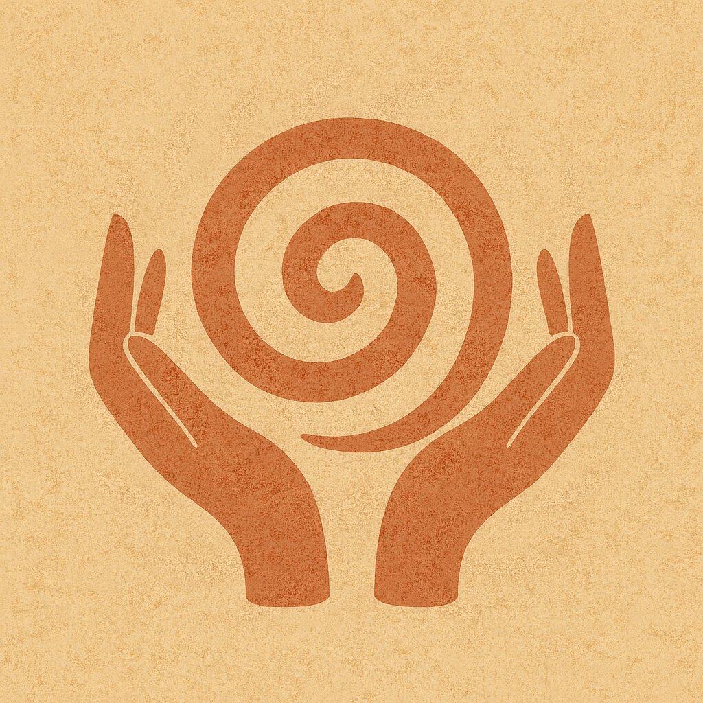 Two hands holding a spiral symbol. Contact, support, care.
