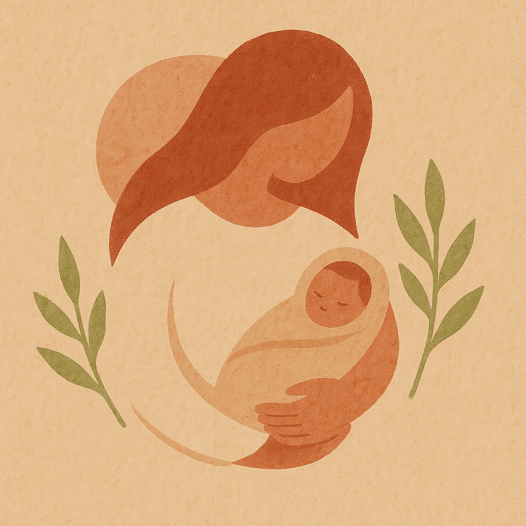Illustration of a woman holding a baby, with greenery on either side. Overnight care, newborn, baby, mother, father, parenthood, sleep.