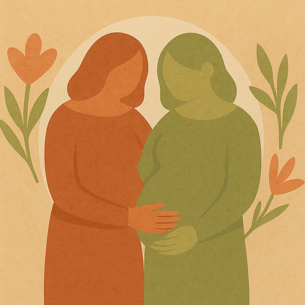 Illustration of two pregnant women standing close together, holding hands, surrounded by flowers and leaves. Family, pregnancy, baby, hospital birth, home birth, postpartum care.