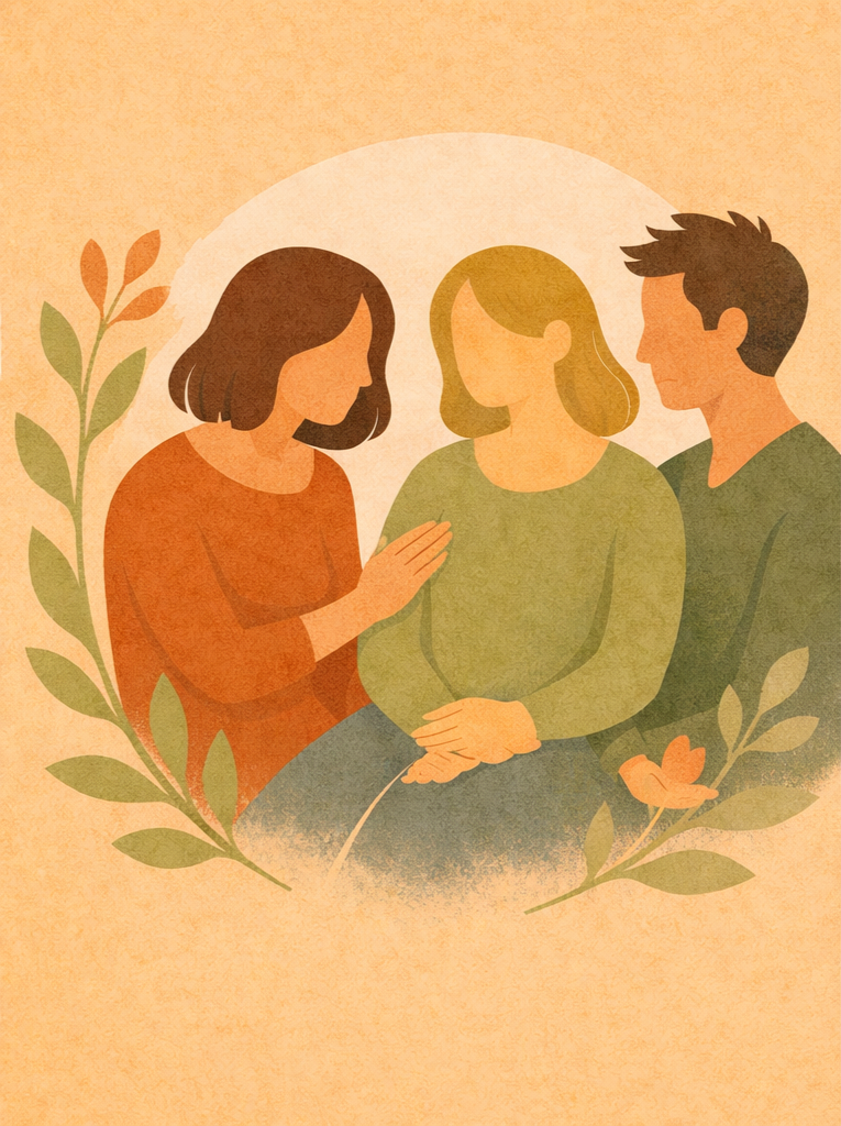 Illustration of three people supporting surrounded by leafy branches and a flower, symbolizing compassion and care. Woman, man, counseling, children, support, counseling, advice, life transitions, pschology, therapy.