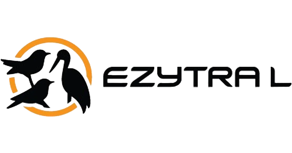 Logo with three black birds and the word 'EZyTRAL' in black text.