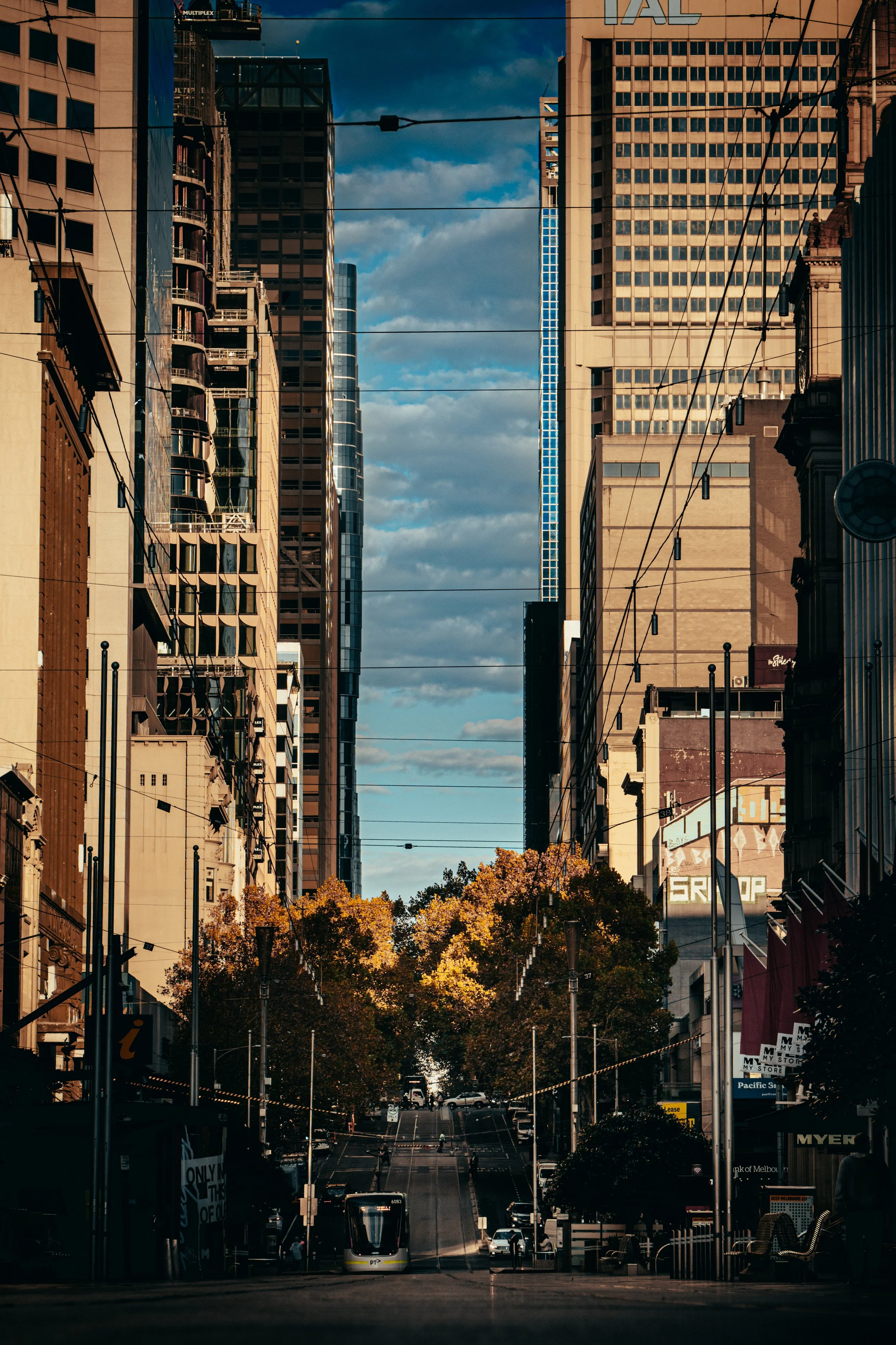 City street with tall buildings on either side, a tram on the road, and trees with autumn leaves under a partly cloudy sky.