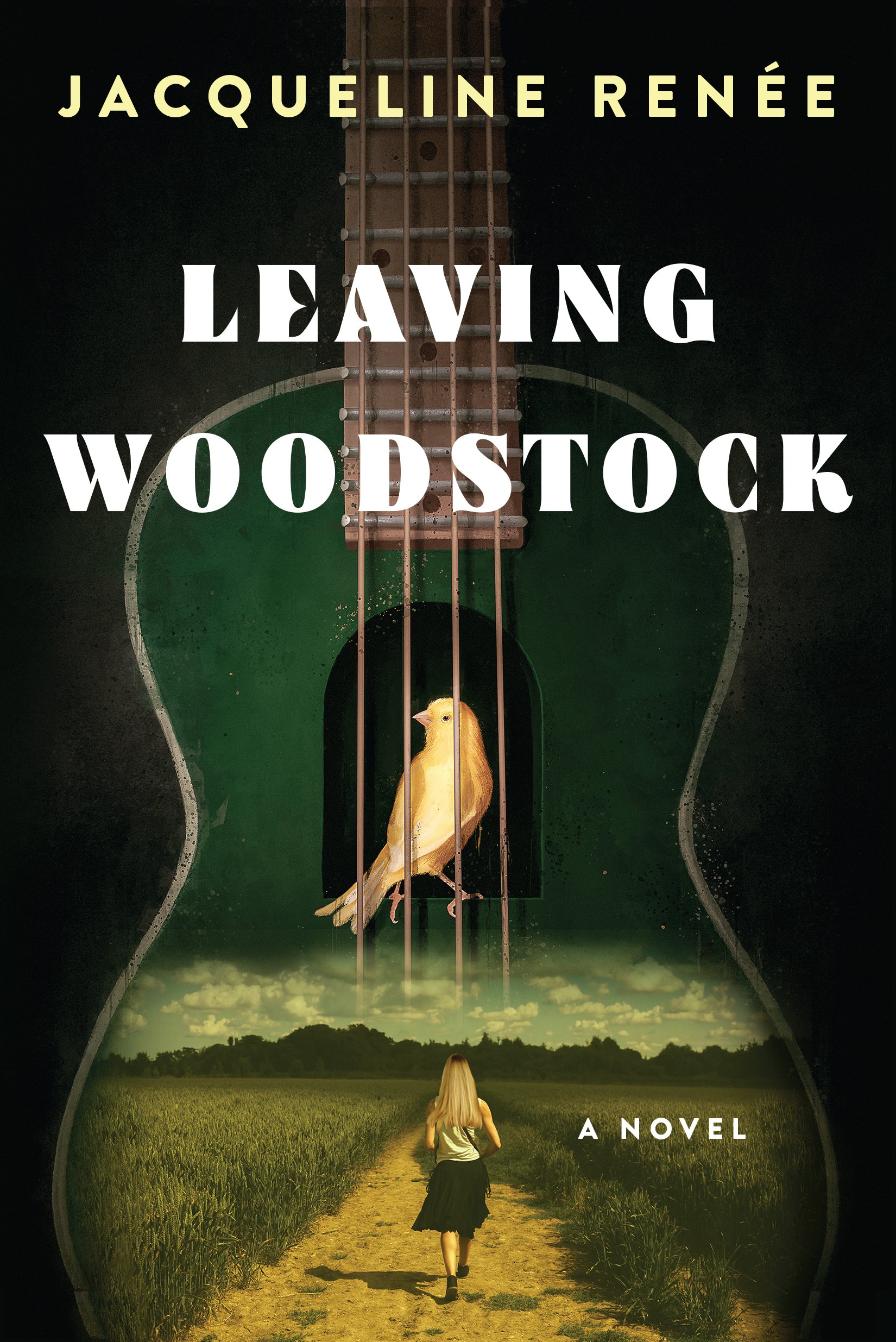 A book cover featuring a girl walking down a dirt path through a field, with a giant guitar neck and headstock resembling a spaceship or tower, and a bird perched on the guitar string. The title reads 'Leaving Woodstock' and the author’s name is Jacqueline Renée.