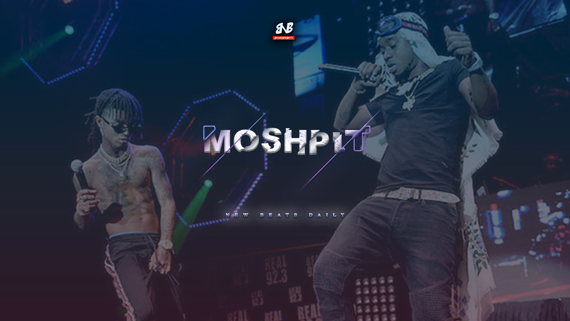 A digital artwork featuring two male musicians performing on a stage. One man with dreadlocks and sunglasses, holding a microphone and wearing jewelry, and the other man in a black shirt and headband, holding a microphone near his mouth. The background has colorful, neon-like geometric patterns and digital graphics, with text reading 'MOSHIP' and 'New Beats Daily'.