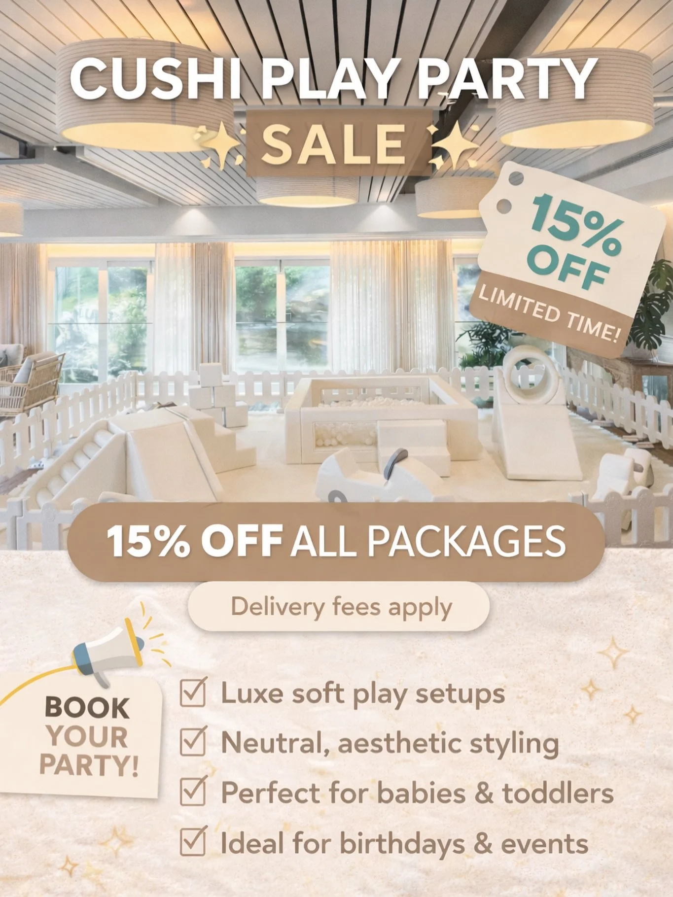 🚨LIMITED SPOTS AVAILABLE 🚨

First 5 customers receive 15% OFF our Signature or Luxe Play Package ✨ Secure your date before it&rsquo;s gone!

Perfect for:
👶 First birthdays
🎂 Toddler parties
🎈 Baby showers + Baptisms 

Why parents love us:
✔️ Sof