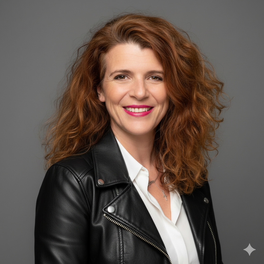 Une femme avec de longs cheveux roux, portant une veste en cuir noire et une chemise blanche, souriant contre un fond gris.
