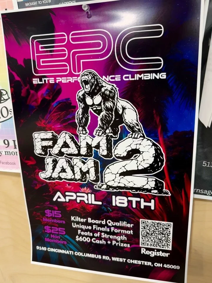 #FAMJAM2 update!!
Massive shoutout to our second sponsor @climbcincy who have provided T-shirts for all 1st places finishers, 2 free day passes for all 1st and 2nd place finishers and 1 free pass for the 3rd place finishers (20 total)!! 

Climb Cincy