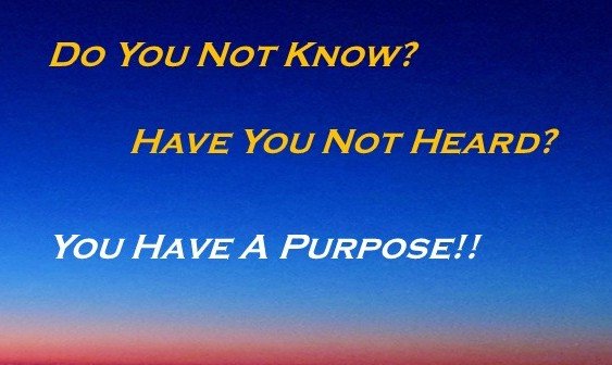 Inspirational quote on a gradient sunrise sky background that reads: "Do You Not Know? Have You Not Heard? You Have a Purpose!!" in yellow and white text.