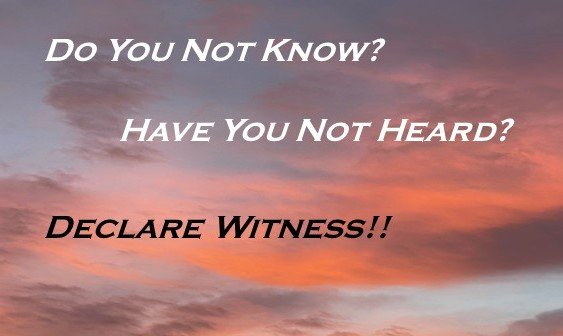 Sunrise sky with clouds and motivational text in white and black fonts stating, "Do You Not Know? Have You Not Heard? Declare Witness!!"