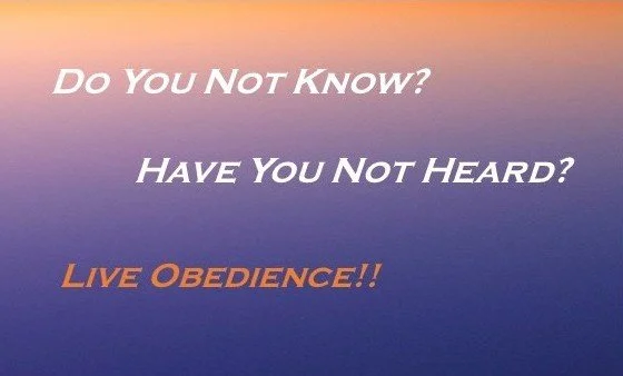 Text on a gradient sunrise sky background that reads, "Do You Not Know? Have You Not Heard? Live Obedience!!" in white and orange fonts.