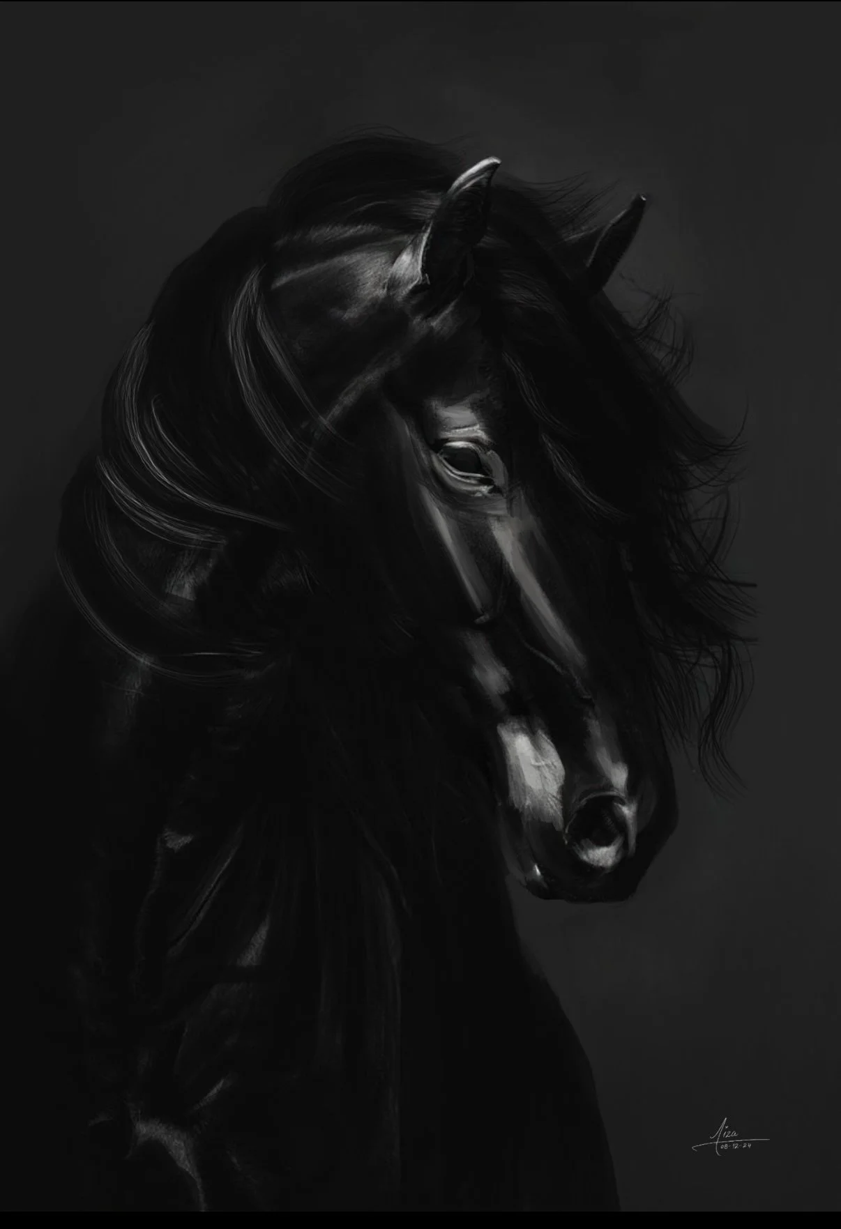 A black and white digital painting of a horse with flowing mane and detailed features, set against a dark background.
