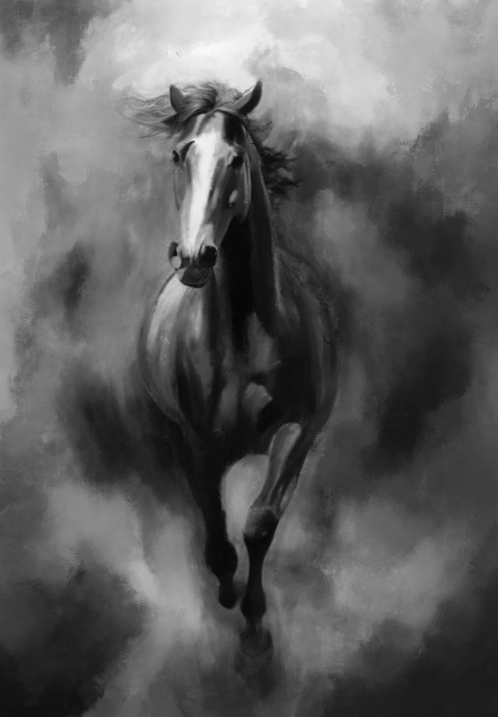 Black and white painting of a racehorse running toward the viewer with a blurred background.